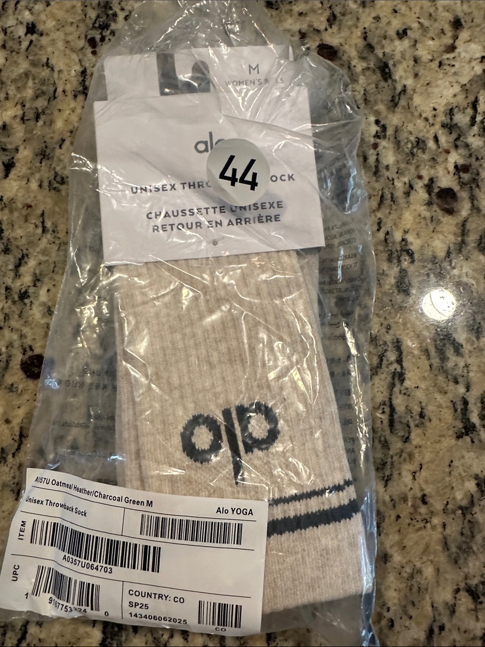ALO Yoga Unisex Oatmeal Crew Socks with Charcoal Green Logo